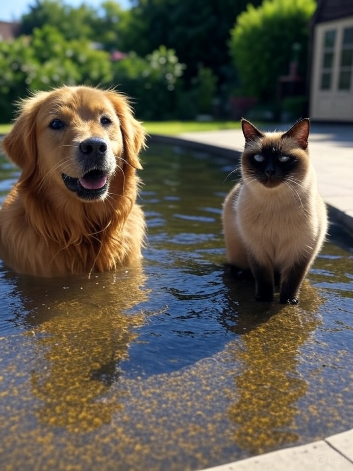 A Golden Retriever and Siamese cat cool off in a pool of water