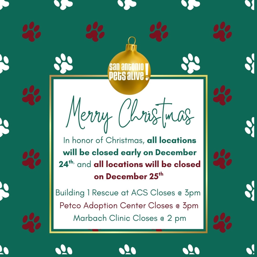 San Antonio Pets Alive holiday hours closure notice.