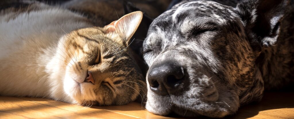 A happy, healthy puppy and kitten sitting together, representing the lifesaving protection of vaccinations at San Antonio Pets Alive!