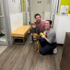Family with dog at animal shelter