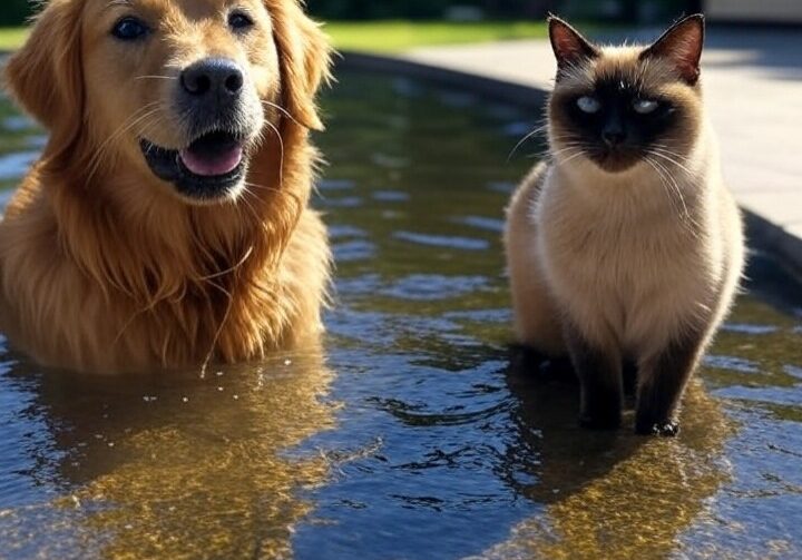 A Golden Retriever and Siamese cat cool off in a pool of water