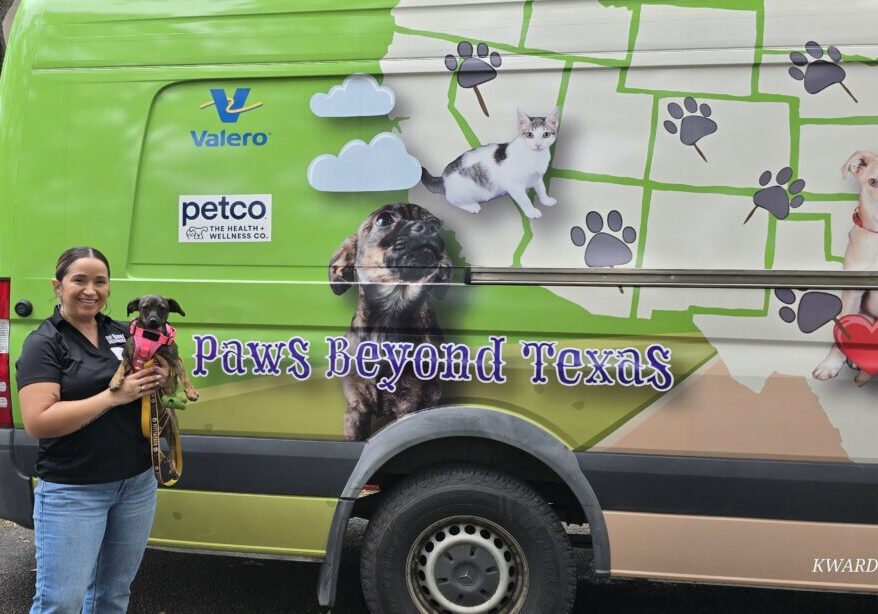 Female volunteer holds a small dog in front of the large Paws Beyond Texas transport van